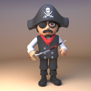 3D korsan deniz kaptanı Jolly Roger kafatası ve çapraz kemik şapka ve eyepatch giyen onun güvenilir Cutlass wields, 3D illüstrasyon
