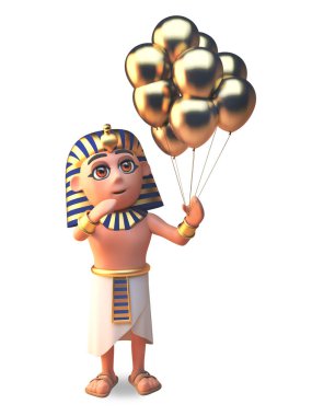 Birçok altın parti kutlama balonlar 3D illüstrasyon tutan Firavun Tutankhamsun 3D karakter