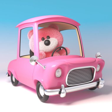 Komik pembe oyuncak ayı karakter onu pembe karikatür araba, 3D illüstrasyon sürüş