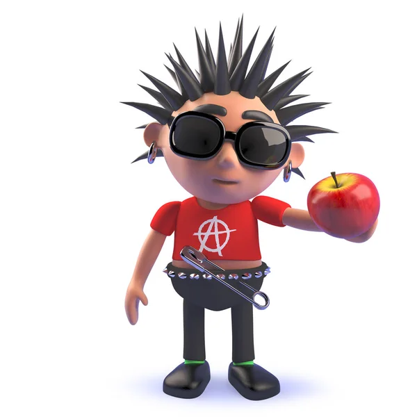 Personaje de dibujos animados 3d punk niño sosteniendo una manzana orgánica — Foto de Stock