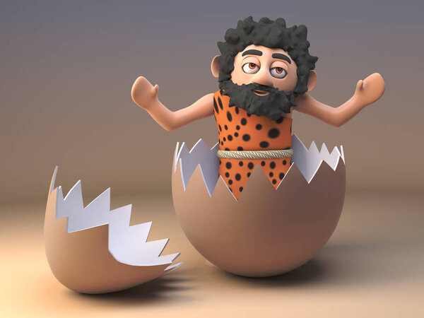 Silly caveman savage character plays around in a empty cracked eggshell, 3d illustration