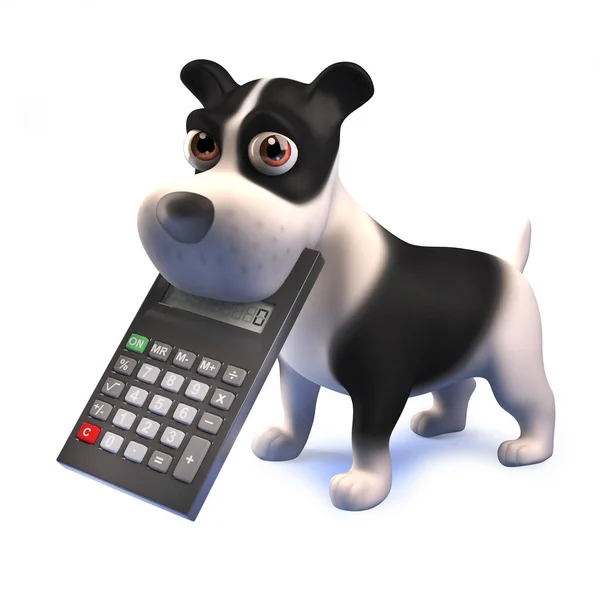 Desenhos animados 3d engraçado cachorro preto e branco com uma calculadora digital — Fotografia de Stock