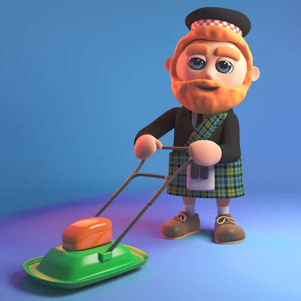 Homem escocês barbudo com kilt cortando o gramado com um cortador de grama pairando, ilustração 3d — Fotografia de Stock