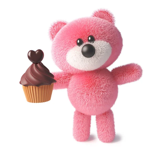 분홍색 푹신한 모피테디 베어는 디저트, 3D 일러스트를위한 달콤한 초콜릿 컵 케이크가 있습니다. — 스톡 사진
