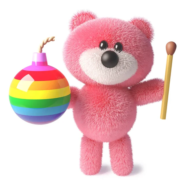 Osito de peluche con suave piel esponjosa rosa sosteniendo un partido y bomba de arco iris, ilustración 3d —  Fotos de Stock