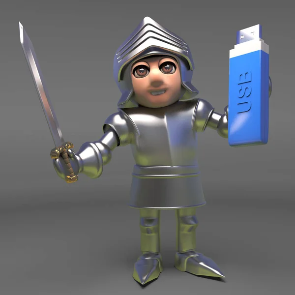 Gallant medieval knight stores his data on a USB thumb drive, 3d illustration