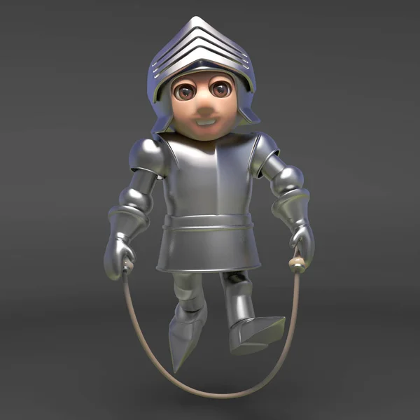 Cavaleiro cavaleiro em placa de metal armadura brinca com pular corda, ilustração 3d — Fotografia de Stock
