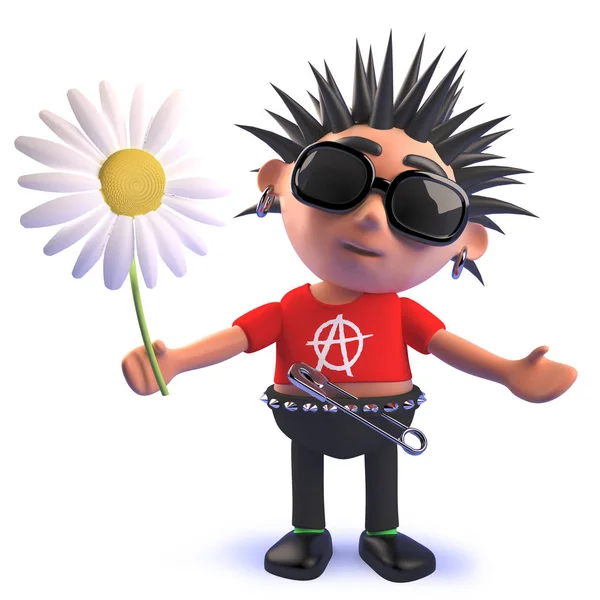 Cartoon 3d rotten punk rocker character holding a daisy flower — Stock Photo, Image