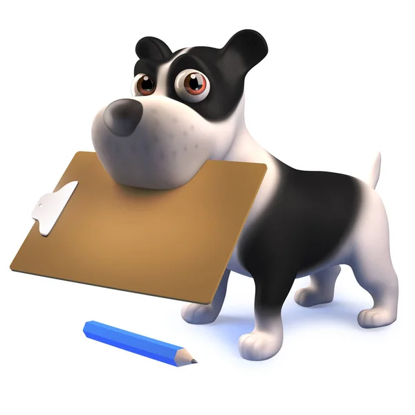 3d bonito desenho animado preto e branco cachorro cão com uma prancheta e lápis — Fotografia de Stock