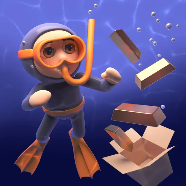 Gold bullion bars sink in the ocean in view of the snorkel diver, 3d render