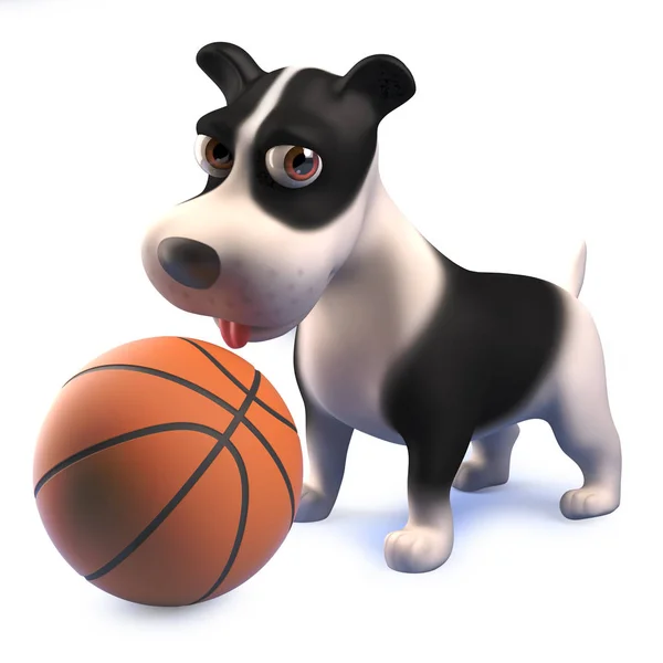 Dibujos animados 3d cachorro blanco y negro perro jugando con una pelota de baloncesto — Foto de Stock