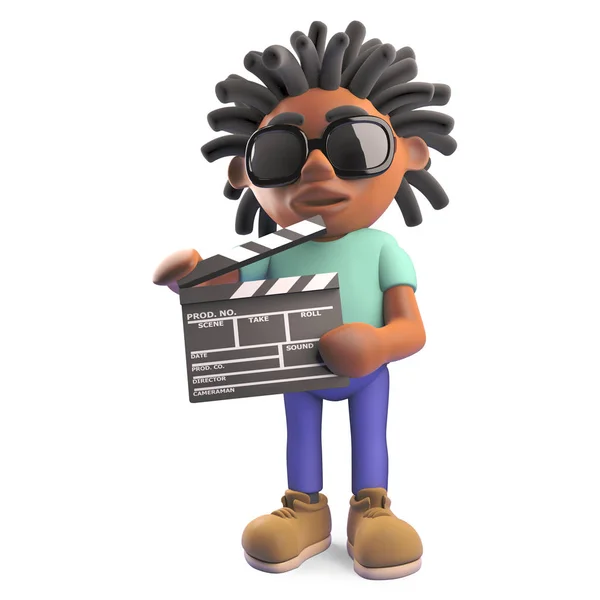 Czarny człowiek z dredy co film gospodarstwa film łupków, ilustracja 3D — Zdjęcie stockowe