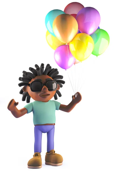 3d African rastafarian cartoon man holding some party balloons