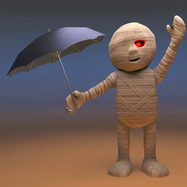 Egyptian mummy monster keeps his bandages dry with an umbrella, 3d illustration