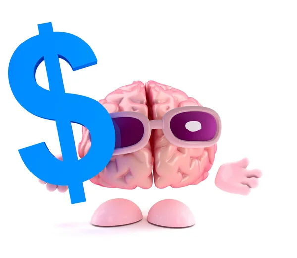 3D εγκέφαλος χαρακτήρας διατηρεί το σύμβολο του δολαρίου — Φωτογραφία Αρχείου