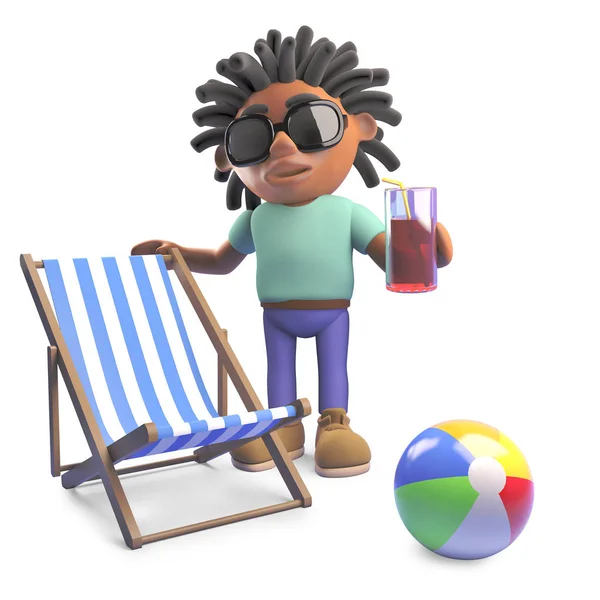 Homem negro relaxado com dreadlocks em férias com cadeira de praia e bebida, ilustração 3d — Fotografia de Stock