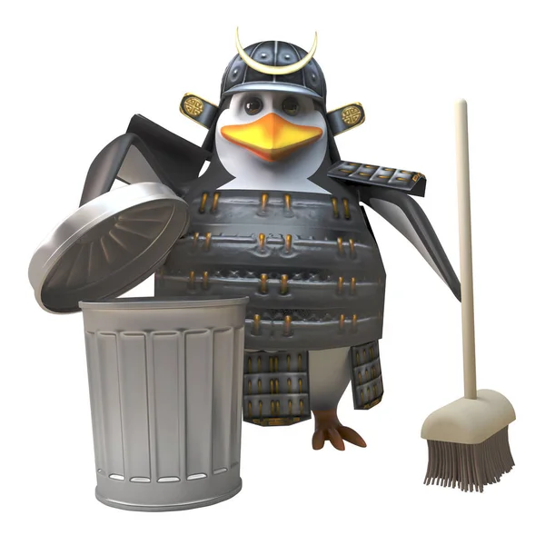 Noble penguin samurai warrior in armour cleans up with a broom and rubbish bin, 3d illustration — Stock Photo, Image