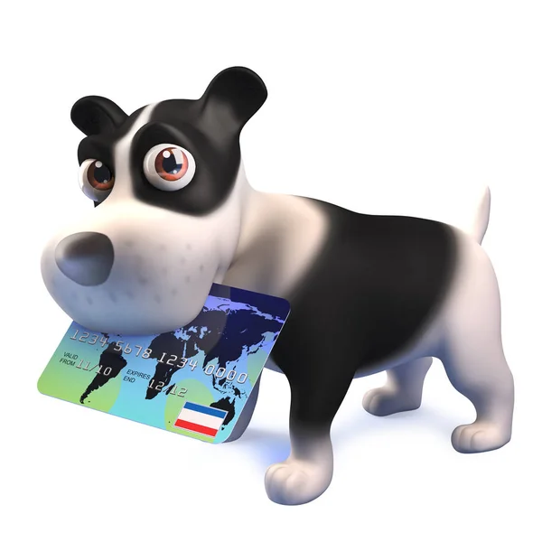Vicces rajzfilm 3D-s fekete-fehér Kiskutya kutya bankkártyával — Stock Fotó