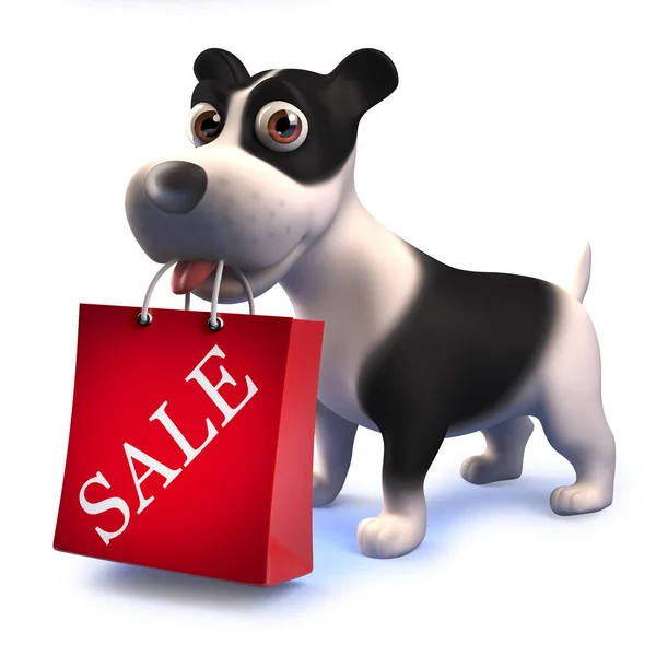Cute puppy dog hound holding a sale shopping bag in its mouth in 3d — Stock Photo, Image