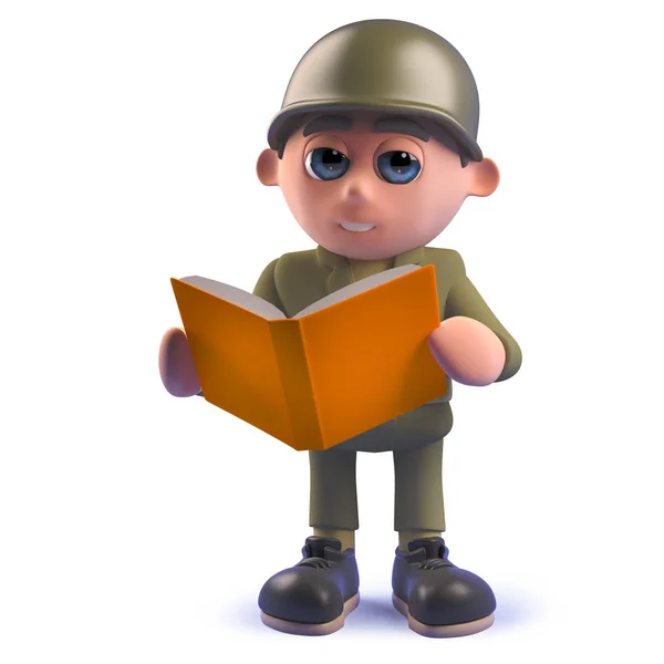 Desenhos animados soldado soldado personagem lendo um livro em 3d — Fotografia de Stock