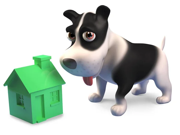 Cãozinho brinca com uma pequena casa verde, renderização 3d — Fotografia de Stock