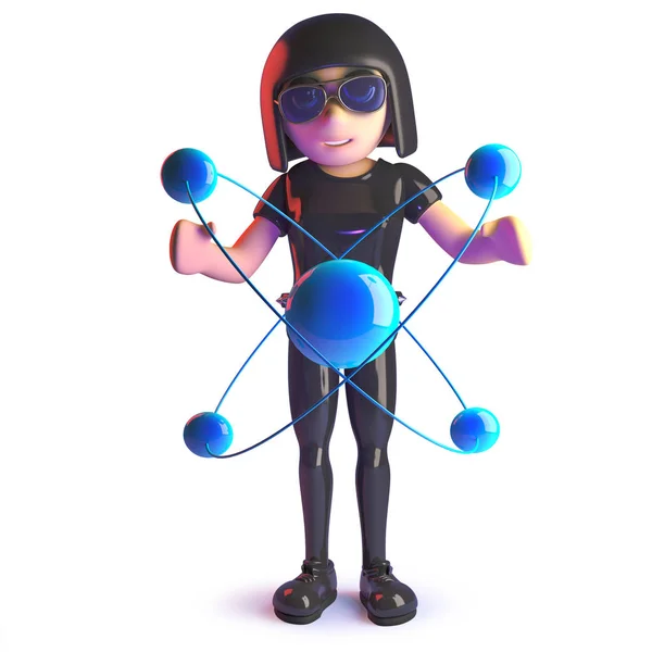 3d cartoon menina gótica vestindo um terno de couro e estudar um átomo nuclear quântico — Fotografia de Stock