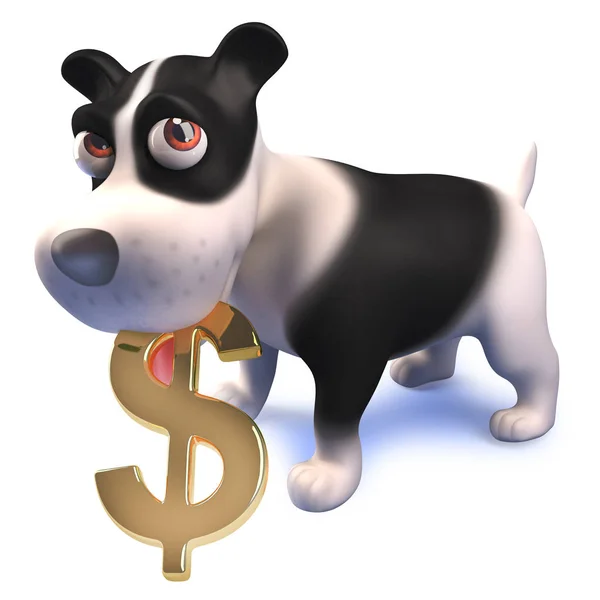 Смешной мультфильм 3d щенок персонаж держит символ доллара США — стоковое фото