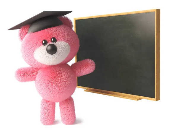 Teddy urso personagem com pêlo rosa macio vestindo uma placa de argamassa e ensinando em um quadro negro, ilustração 3d — Fotografia de Stock