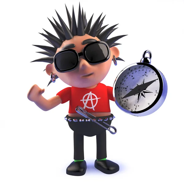 Punk rocker cartoon character in 3d holding a magnetic compass — Stock Photo, Image