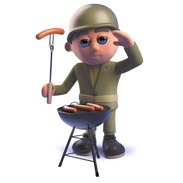 Cartoon 3d army soldier character cooking a barbecue bbq — Stock Photo, Image