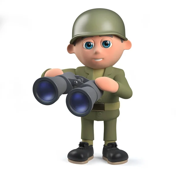 Армейский солдат мультфильм персонаж в 3D держа пару биноклей — стоковое фото