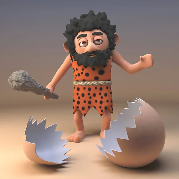Stupido personaggio selvaggio cavernicolo con club guarda un guscio d'uovo di dinosauro rotto, illustrazione 3d — Foto Stock