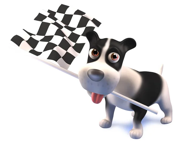 Cão bonito dos desenhos animados acena a bandeira quadriculada, ilustração 3d — Fotografia de Stock