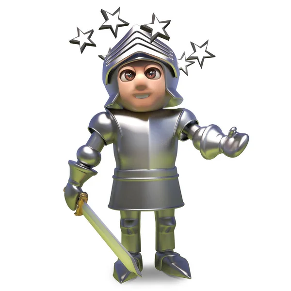 Dizzy cavaleiro medieval em armadura é confundido por estrelas em seus olhos, ilustração 3d — Fotografia de Stock