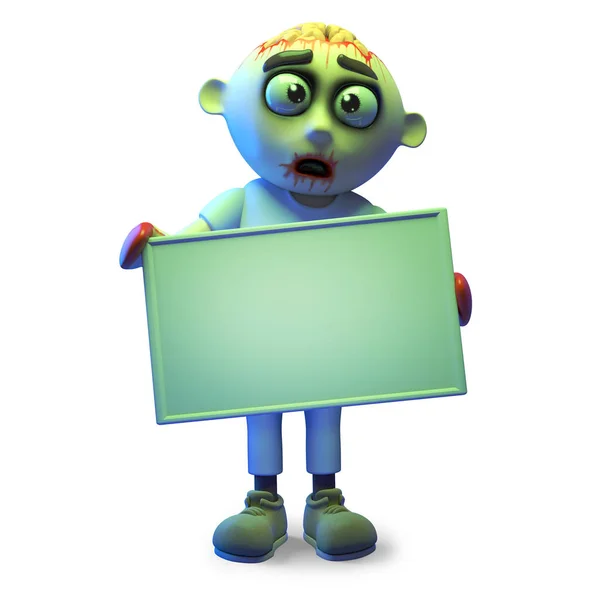 Lustiges untotes Zombie-Monster mit leerem Banner, 3D-Illustration — Stockfoto