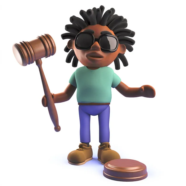 Cartone animato rastafariano uomo africano in 3D in possesso di un martelletto d'asta — Foto Stock