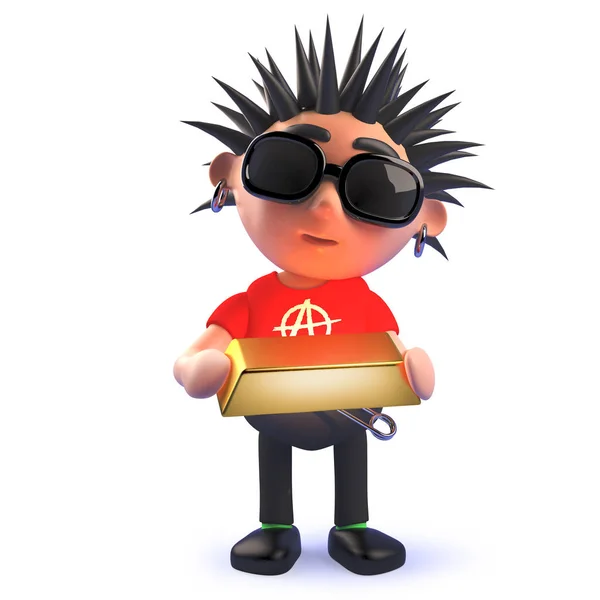 Cartoon vicious 3d cartoon punk rocker holding a gold bullion bar — Stock Photo, Image
