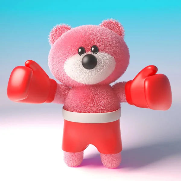 泰迪熊字符与粉红色蓬松的毛皮穿拳击手套和短裤,3D插图 — 图库照片