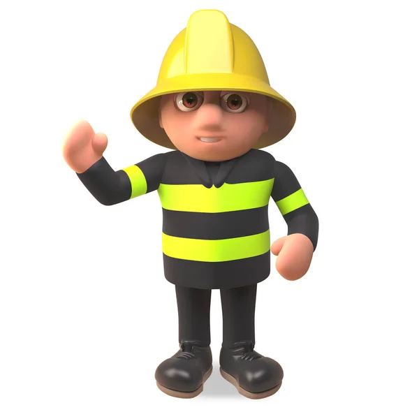 Bombeiro personagem bombeiro em alta visibilidade personagem acenando Olá, ilustração 3d — Fotografia de Stock