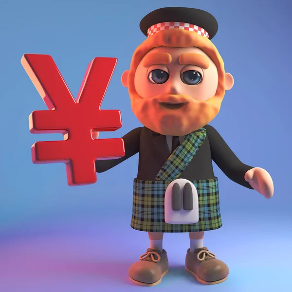 3d Scottish man in kilt with sporran holding a Japanese or Chinese Yen or Yuan currency symbol, 3d illustration
