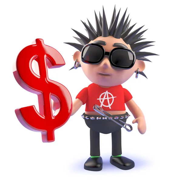 Personagem punk rock vicioso segurando um símbolo de moeda dólar americano, ilustração 3d — Fotografia de Stock