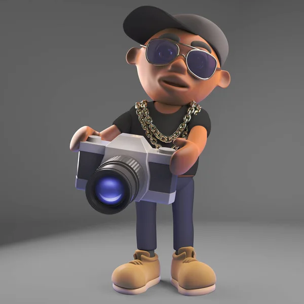 Intense zwarte HipHop Rap kunstenaar neemt een foto met een camera, 3D-illustratie — Stockfoto