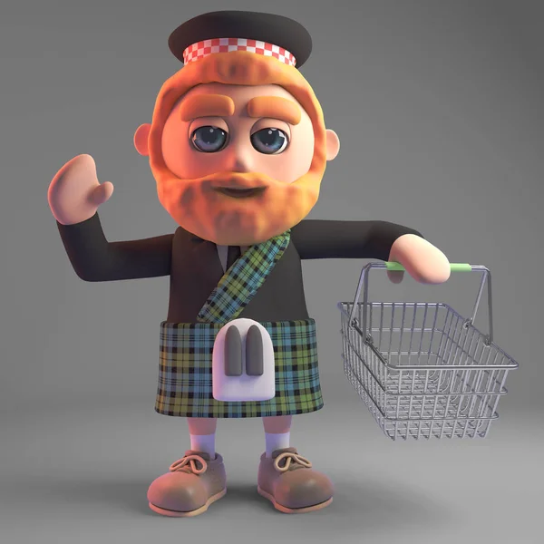 Cartoon Scottish man in kilt going to the checkout with shopping basket, 3d illustration
