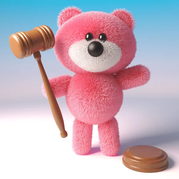 Rozkošný růžový medvídek s dražebním znakem, 3D ilustrace — Stock fotografie