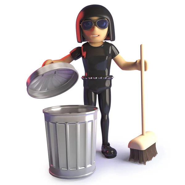 Goth girl cleaning up with broom and trash can, 3d illustration — Stock Photo, Image