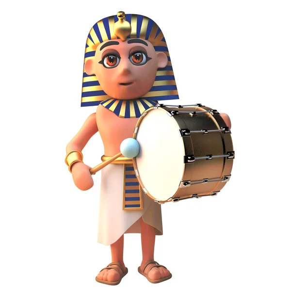 3D Tutankhamun Farao karaktär spelar en guld bastrumma, 3D illustration — Stockfoto