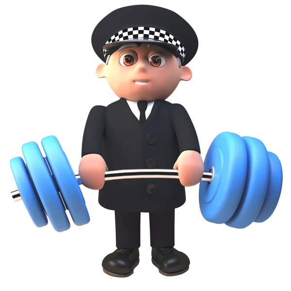 Здоровий 3D мультиплікаційний поліцейський поліцейський персонаж, що піднімає ваги, 3d ілюстрація — стокове фото