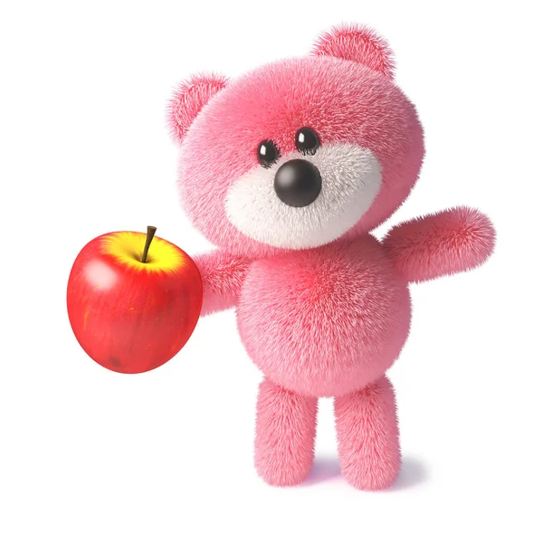 Fluffy rosa nallebjörn karaktär som håller ett saftigt rött äpple, 3D illustration — Stockfoto