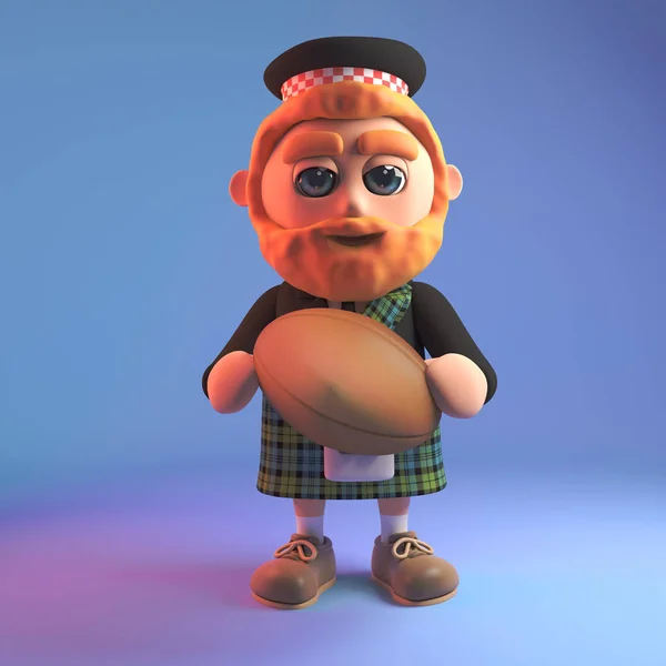 빨간 수염을 가진 스코틀랜드 남자 는 킬트를 입고 럭비 공을 들고, 3D 그림 — 스톡 사진