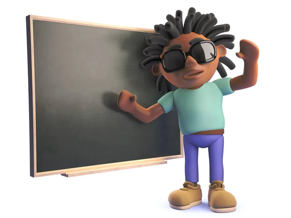 3D Cartoon czarny człowiek z dredy nauczania na tablicy — Zdjęcie stockowe